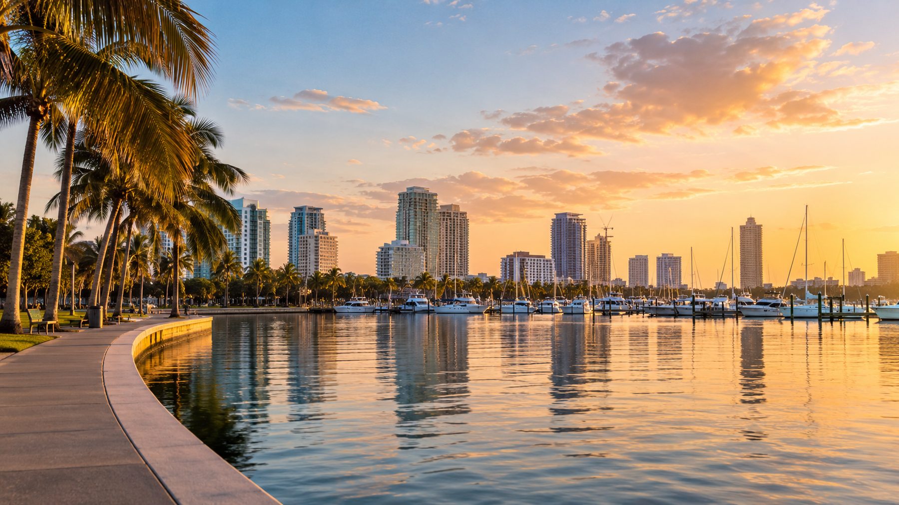 The St. Petersburg waterfront at sunset, palms along the bay walk and the marina below the skyline